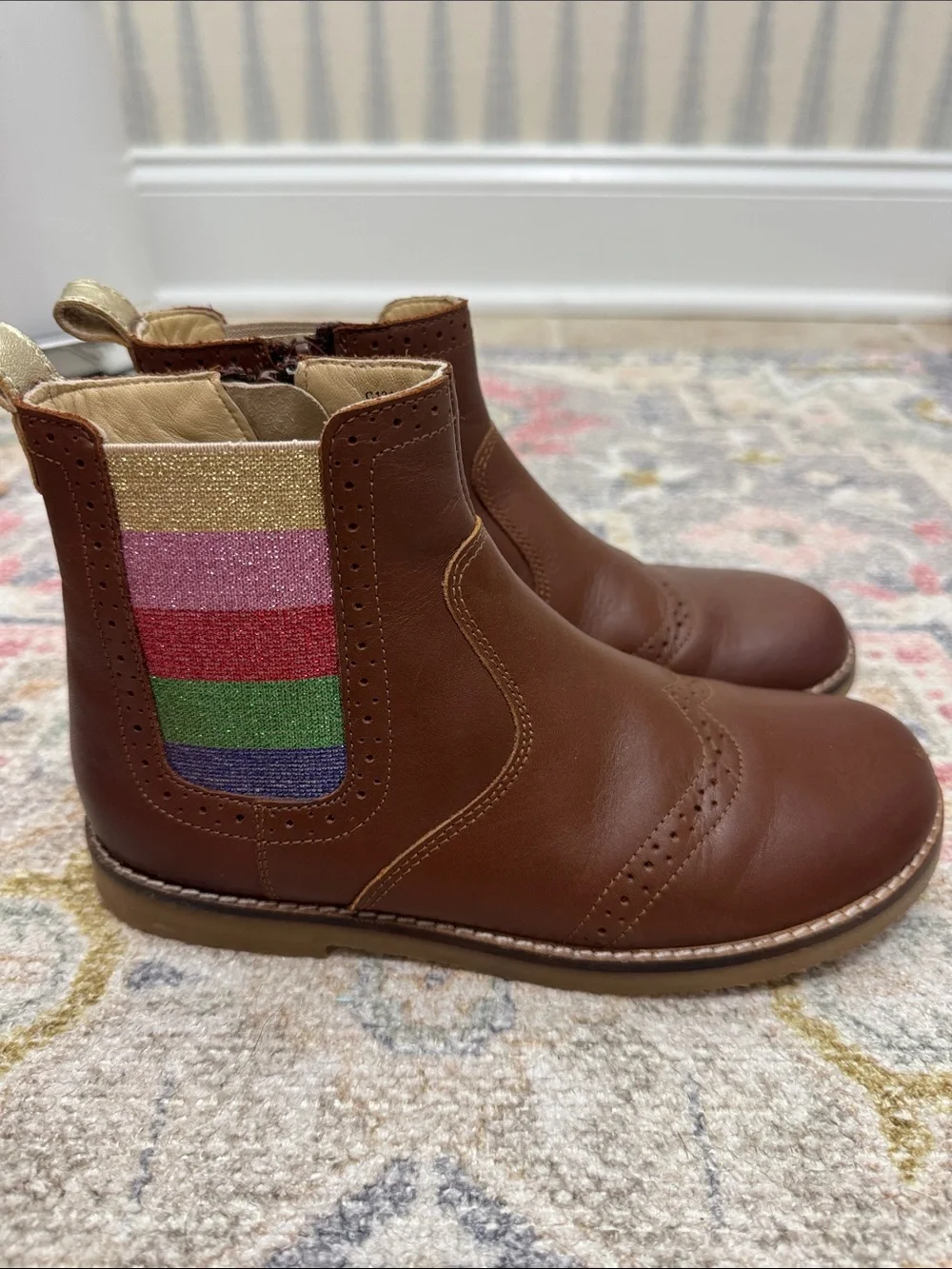 Mini Boden Brown Leather Chelsea Boots with Glitter Stripe Panel